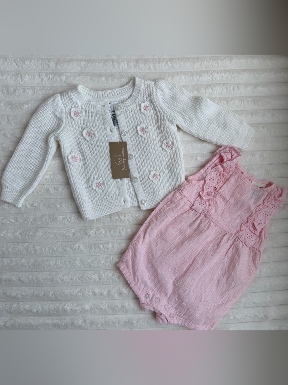 First Impressions White Crochet Cardigan & Pink Eyelet Romper